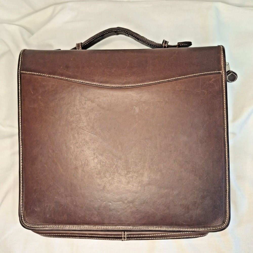 Franklin Covey 7 Ring Brown‎ Leather Carry Handle Full Zip Briefcase Binder 3744